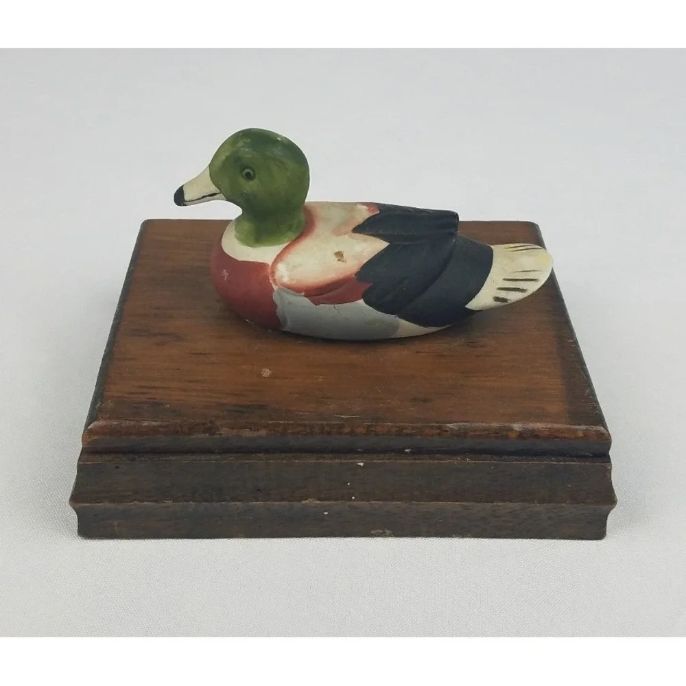 Vtg wood playing card holder box ceramic mallard duck decor farmhouse cottage